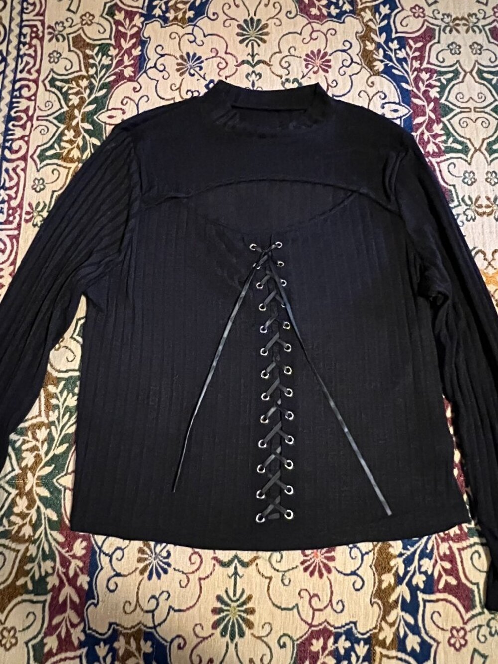 Shein Curve Black Faux Lace.up Front Sweater High Neck Peep Hole  Long Sleeve